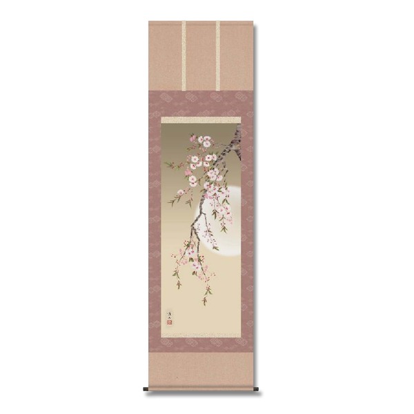 〔 月と桜 〕 月に照らされる夜桜掛け軸 満月掛け軸 夜桜掛け軸 伊藤渓山 掛軸 「夜桜」 尺三 満月に照らされる夜桜の美しさが心に残る掛け軸・月と桜の調べが奏でる想い出の時を彩る優しい彩の桜花掛け軸・夜桜の風情が心を満たす掛け軸 ■伊藤渓山の尺三『夜桜』