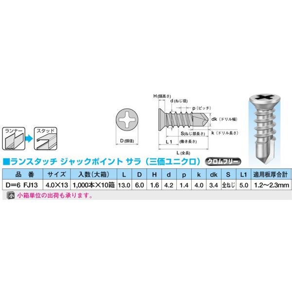 ランスタッチ D\u003d6 FJ13 [1000本入]【0010-00977】 ワンタッチで取り付ける軽天内装工事の革新的なランナー・スタッド 螺子や工具不要で簡単施工 頼れるランスタッチD\u003d6 FJ13が1000本入り 効率的な作業を実現する0010-00977