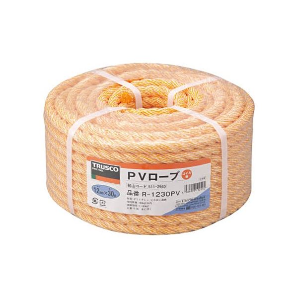 TRUSCO PVロープ 12mm×30m コイル巻 黄 R-1230PV 1巻 黄金色の強さと耐久性を持つ12mm×30mの革新的なロープ、TRUSCO PVロープ 自由自在な使い方であらゆる場面で活躍する頼れる相棒 信頼の品質と安心 安全 の性能で、仕事やアウトドアをサポートします