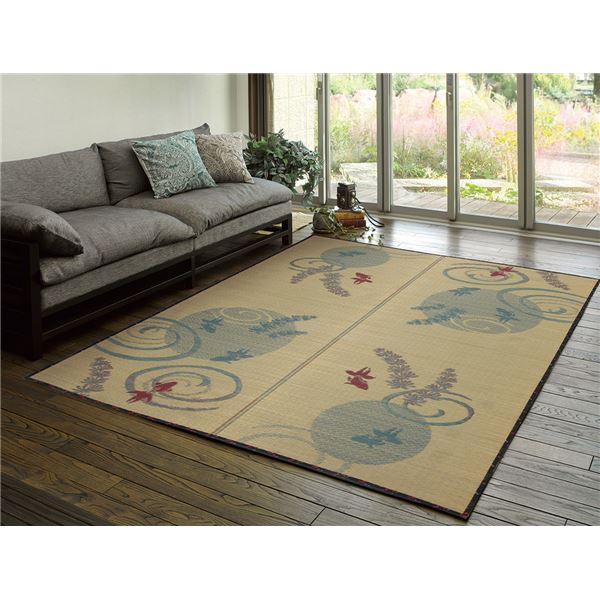 い草 藺草 ラグマット じゅうたん カーペット 敷き物 絨毯 約176×230cm ブルー 裏貼り仕様 表面：イ草100％ 縁：綿100％ 涼水 りょうすい リビング ダイニング 青 涼水りょうすいのフロアマット 金魚模様で涼しげ 草の感触と綿の縁でリラックス リビングに最適なサイズで