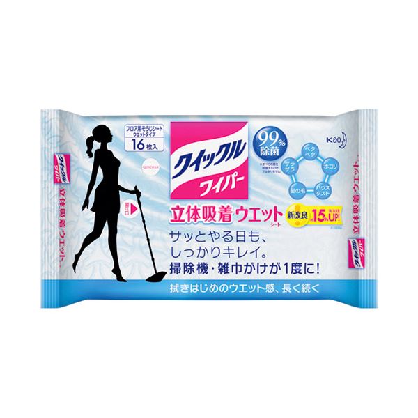 （まとめ） 花王 クイックルワイパー 立体吸着ウェット 16枚【×10セット】 ワンステップでサッとキレイ パワフル吸着ウェット16枚セット×10でお得に