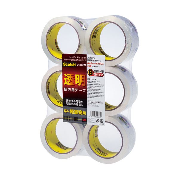 （まとめ）3M スコッチ 透明梱包用テープ 中・軽量物用 48mm×50m 313-6PN 1パック（6巻） 【×5セット】 あらゆる場面で活躍する 透明な梱包テープ、中・軽量物用、宅配便に最適 まとめてお得 3M スコッチ 透明テープ48mm×50m 6巻入りパック×5セット 8,670円