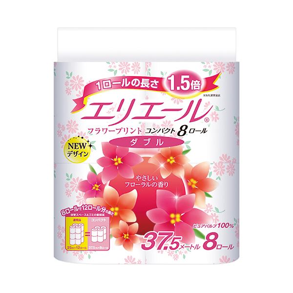（まとめ）大王製紙 エリエールトイレットティシュー フラワープリント コンパクト ダブル 芯あり 37.5m 1パック（8ロール）【×10セット】 エリエールのロングタイプ コンパクトトイレットティシュー、芯ありで経済的な使い心地、1パックに8ロールのボリューム感、フラワ