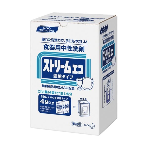 （まとめ）花王 ストリームエコ 濃縮タイプ 詰替用750ml/個 1箱（4個）【×2セット】 手肌に優しく、地球に優しいエコな洗剤 パウチタイプで環境に配慮 ストリームエコ濃縮タイプ詰替用750ml/個1箱（4個）【×2セット】 6,639円