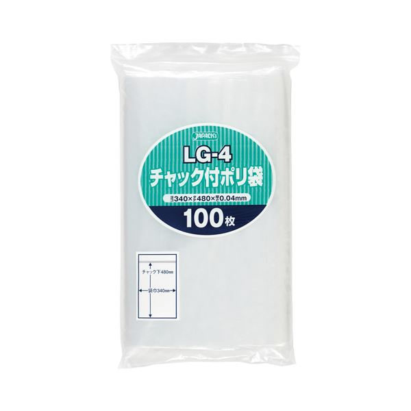 (まとめ) ジャパックス チャック付ポリ袋 ヨコ340×タテ480×厚み0.04mm LG-4 1パック(100枚) 【×10セット】 高品質なPP袋、大容量で厚みもしっかり、使い勝手抜群 1パックに100枚入りで、さらに10セットもお得 幅広い用途に対応し、お店の仕事をサポートする頼れるアイテ