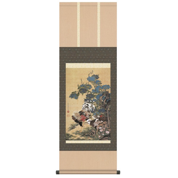 〔 干支 掛軸 動植綵絵掛軸 〕 伊藤若冲 尺三掛軸 紫陽花双鶏図 干支の掛軸 鳳凰 鶴 鶏 幻想の筆舞い 鳳凰と舞う百花 若冲の干支掛軸 尺三掛軸（紫陽花双鶏図）