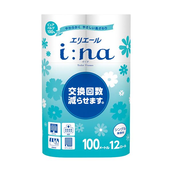 （まとめ）大王製紙 エリエールi：na（イーナ）トイレットティシュー シングル 100m 無香料 1パック（12ロール）【×5セット】 業務に最適な無香料の高品質パルプ100%トイレットティシュー 1パック（12ロール）×5セットで100mの贅沢な使い心地を提供します