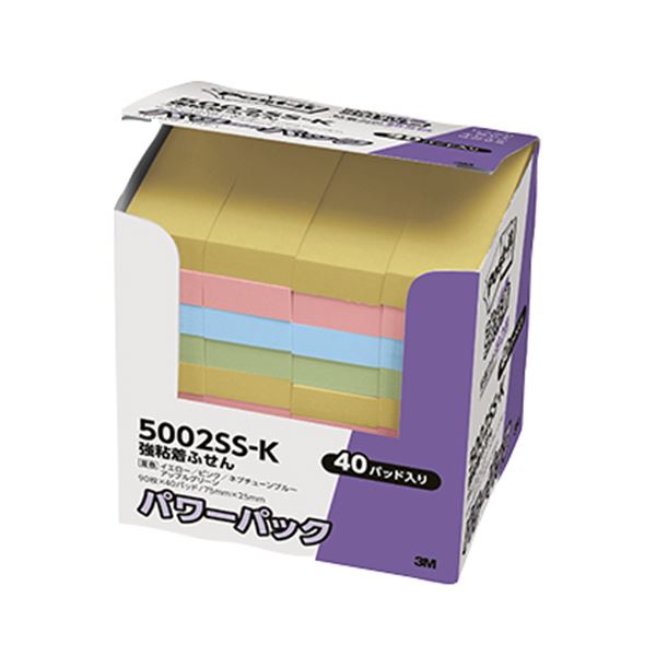 3M ポスト・イット パワーパック強粘着ふせん 75×25mm 4色混色 パステルカラー 5002SS-K 1パック（40冊） 強力な粘着力で、樹脂面や垂直面に貼り付くパステルカラーのポスト・イットパワーパック 使い勝手抜群の75×25mmサイズで、40冊も入ってお得 アイデアを思いついた