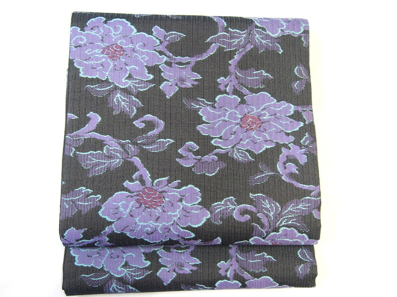 西陣の帯 【仕立て上がり　新品】正絹　袋帯【グレーに紫の花】