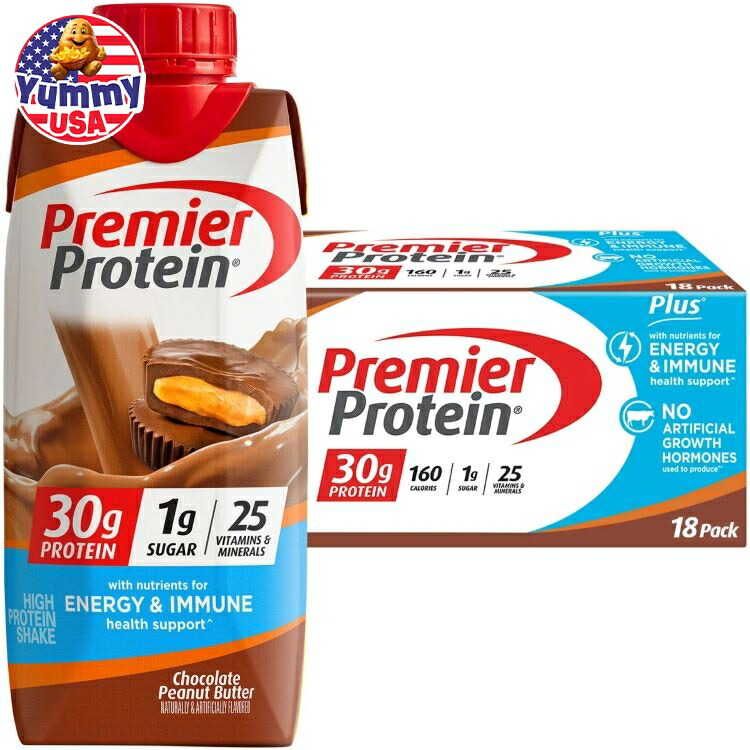 プレミアプロテイン プラス エネルギー&イミューンサポート シェイク チョコレートピーナッツ バター 18パック Premier 30g Protein PLUS Energy and Immune Support Shakes Chocolate Peanut Butter 大容量 海外版 【お取り寄せ商品】|アメリカお菓子のYummy USA