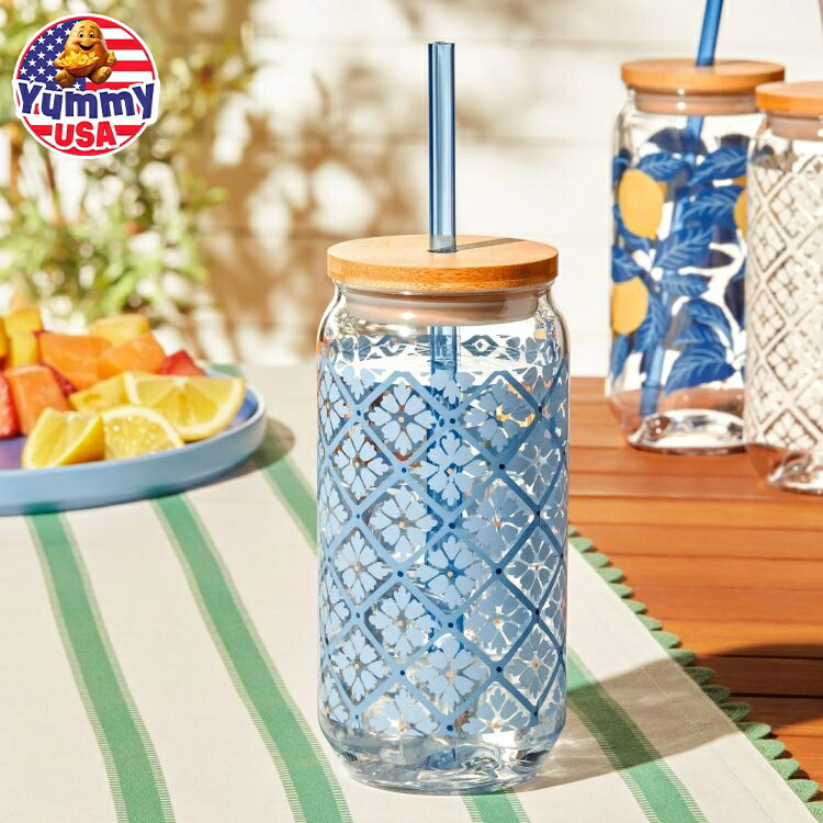 メインステイズ by ベッキー.G ＆アレハンドラ 20オンス アクリル缶型タンブラー ブルータイル Mainstays by Becky G. & Alejandra 20-Ounce Acrylic Can Shape Tumbler, Blue Tile Pattern 【お取り寄せ商品】画像