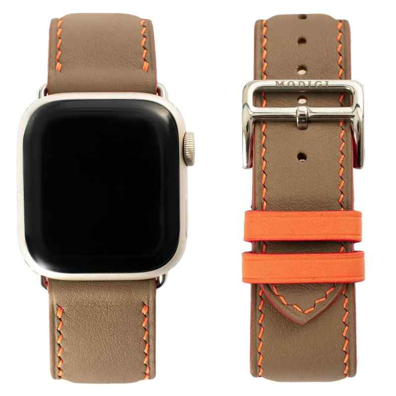 MODIGI 互換性のある Apple Watch用 ダンス楽隊 アップルウォッチ ダンス楽隊 なめし革 胴締め 本革 御前上等手作り Veau Swift 皮胴締め 40粍 41粍 42粍 44粍 45粍 46粍 49粍 Ultra 1/2/ SE 1 エトゥープ-オレンジ