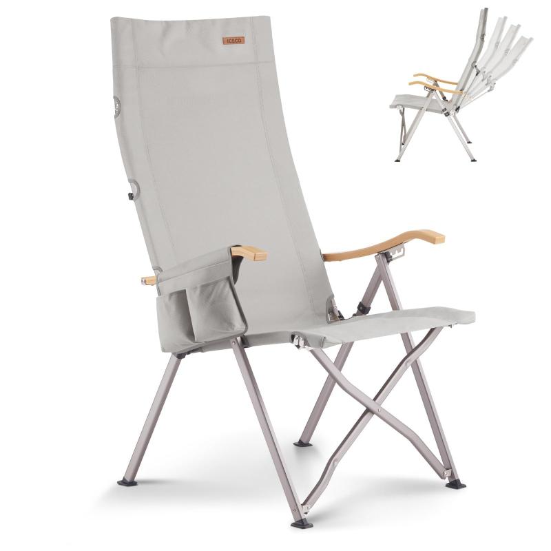 ICECO 4段階リクライニング式 ハイバックチェア 【10年品質・耐荷重265KG・1600D座面・A7075アルミ合金フレーム・ハイ/ローバック切替可能・側面着脱式ポケット付・竹製手すり】 キャンプ