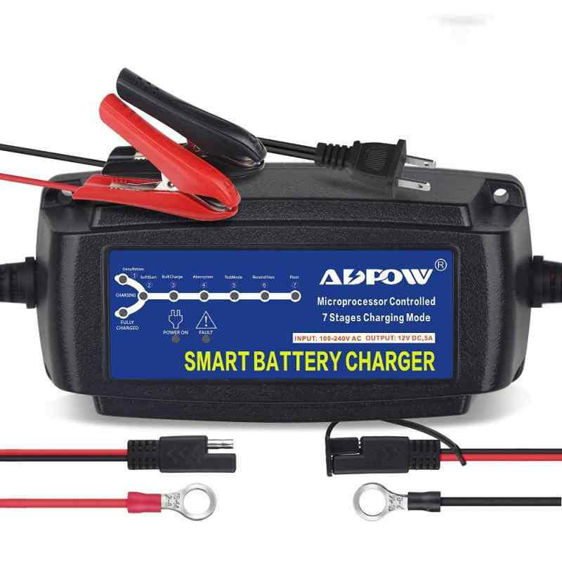 ADPOW 12V バッテリー充電器 5A バッテリーチャージャー 15-120Ah用 メンテナンス充電器 サルフェーション除去 7段階全自動充電 LED表示 過電圧/過電流/過熱/逆接続/ショート等保護 トラック/カー/