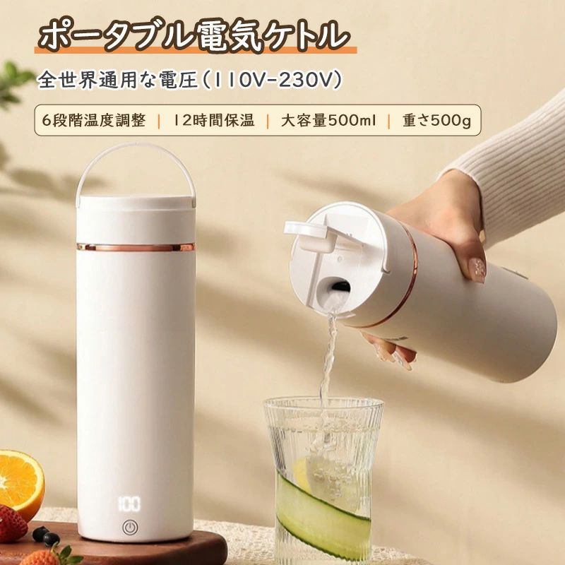 携帯用 車中泊に使用 トラベルケトル 300W 急速沸騰 一人用アウトドア 自動OFF 500ML 空焚き防止 6段階温度調節保温Type-C海外
