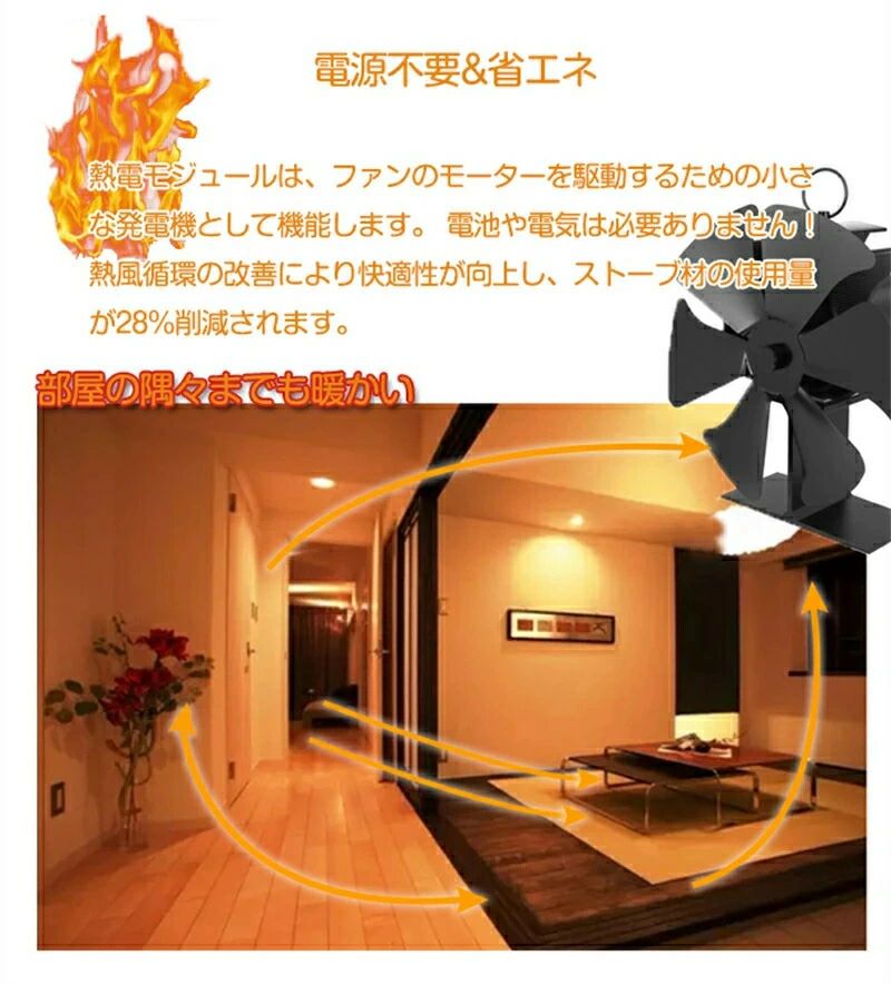内蔵過熱保護 部屋にポカポカ 超静音 アルミニウム合金製 温風 扇風機 寒さ対策 暖炉用 薪ストーブ ストーブファン 省エネ 静音 火力熱炉ファン 火力ファン 薪ストーブファン 電源不要 6枚 ストーブファン