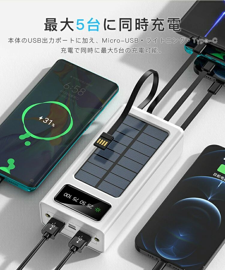 「進化版+10000mAh ！」ソーラー モバイルバッテリー 30000mAh 大容量 ソーラー充電 5台同時充電 iPhone/iPad/Android 太陽光で充電 残量目安デジタル表示 3IN1ケーブル 高速充電 多重保護 LEDライト付き PSE認証済 夜道 災害 防災グッズ 停電対策 旅行
