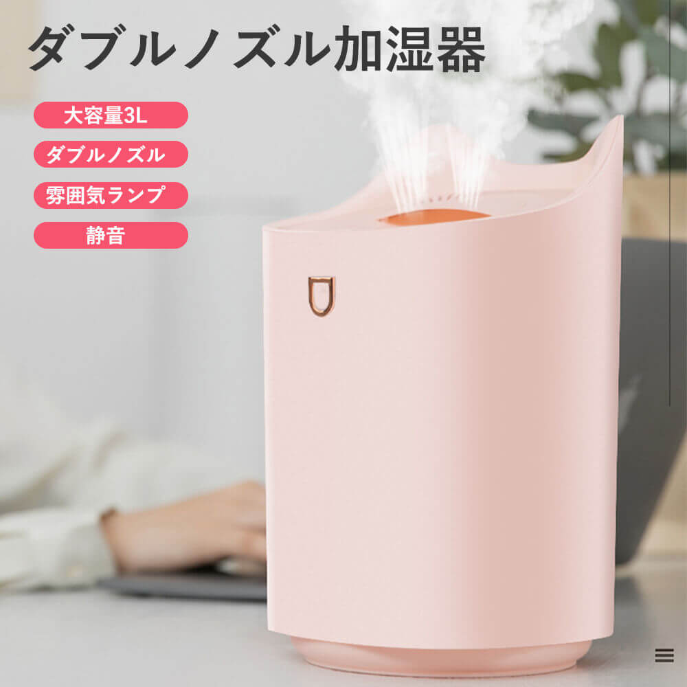 強いミストで潤い ダブルノズル加湿器 雰囲気ランプ ダブルノズル 空気加湿 寝室オフィス 自宅用静音 usb充電 ダブル噴霧加湿器 USB携帯充電 USB静音加湿器 usb充電式加湿器 卓上加湿器 USB加湿器 大容量3L 加湿器
