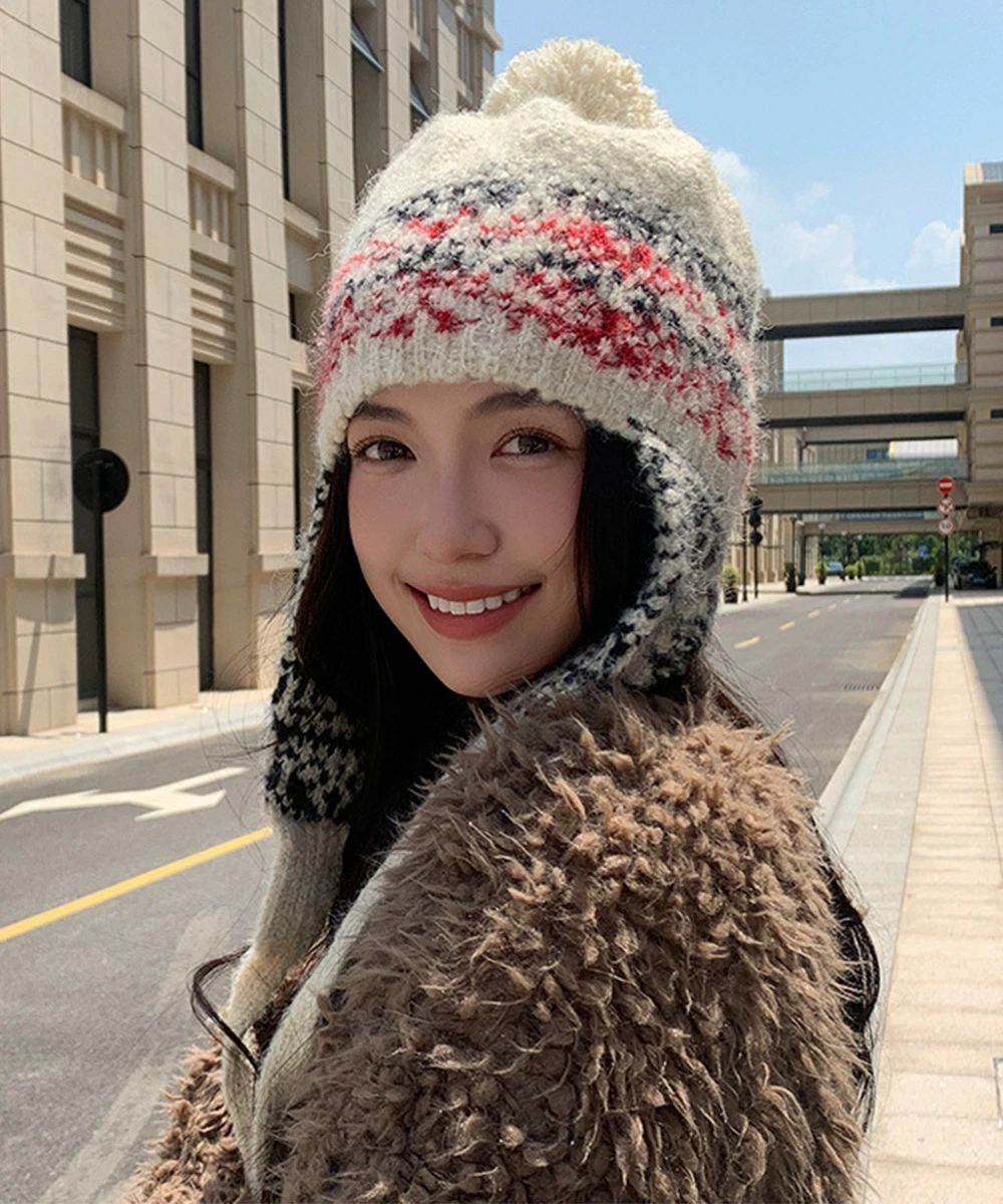 配色 紐付き ニットキャップ 小顔 折り畳み 秋冬 カジュアル 可愛い あったか 暖かい お出掛け