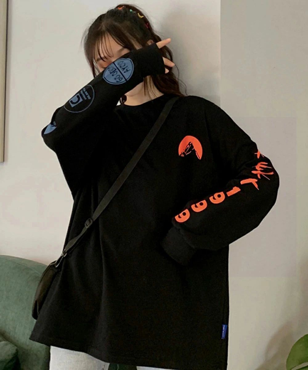 ロングTシャツ長袖 レディース ロゴプリントトレーナー カジュアル ゆるチュニックトップス