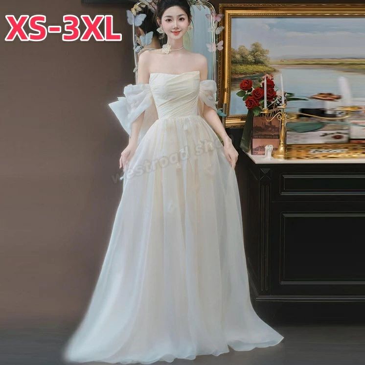 ワンピース パーティード ベアトップ チュール ドレス 前撮り 二次会 結婚式 袖あり ウェディングドレス