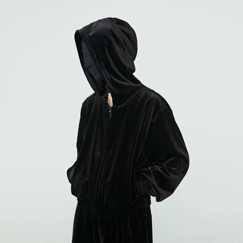 ブラック メンズ ベロア パーカー フード付き