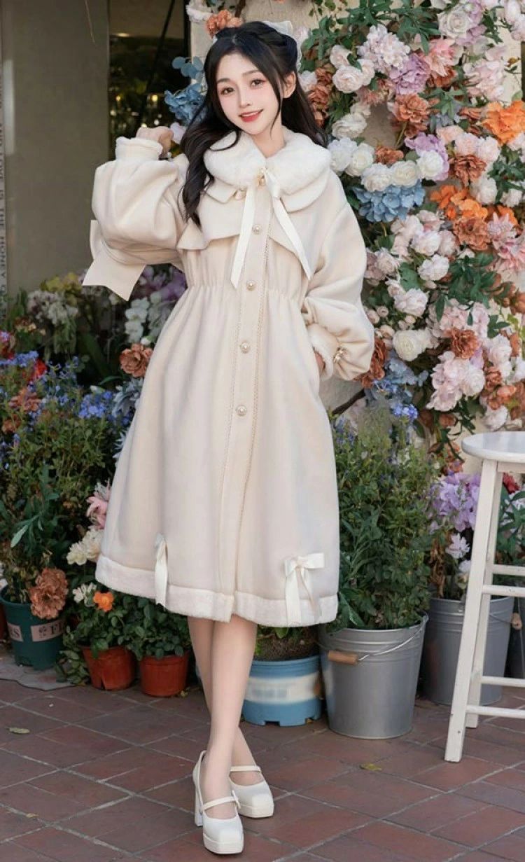 小柄 アウター ワンピース コート ミモレ丈 ミディアムコート ジャケット レディース リボン 冬服 ロリータ
