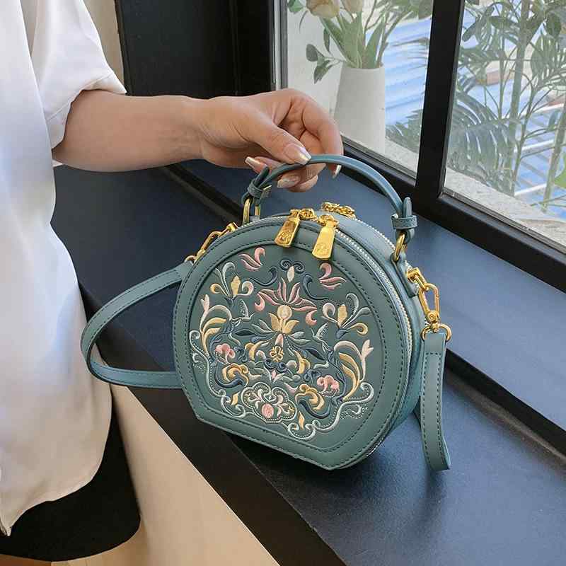 内ポケット ファスナー開閉 PUレザー デイリーユース レトロチャイナ風 流行 ステッチ 刺繍 高級感 個性的デザイン 丸型 円形 手