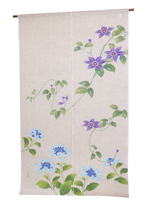 京都 万葉舎 江戸琳派手描きのれん　和風暖簾：風車に紫陽花　/ おしゃれな 和モダン のれん ロング 約 88×150cm