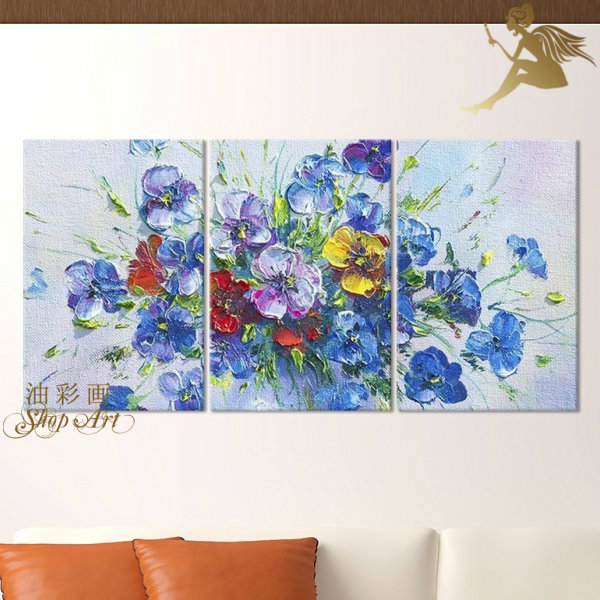アートパネル 花【送料無料】<BR>絵画 壁掛け インテリア 絵<BR>手書き 油彩画 油絵 風景画<BR>モダン アートボード<BR>『３パネルＳＥＴ 青い花束 1712』<BR>組み立て不要 飾るだけ<BR>ウォールアート おしゃれ 店舗にも<BR>凸凹質感 ハンドペイント