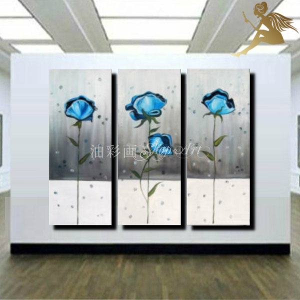 モダン インテリア アートパネル『3パネルSET 水色のお花』絵画 インテリア 【送料無料】『壁掛け 絵 北欧 雑貨』【絵画/壁掛け/手書き/油絵/風景画/絵】【アートパネル 花】|油彩画SHOP ART