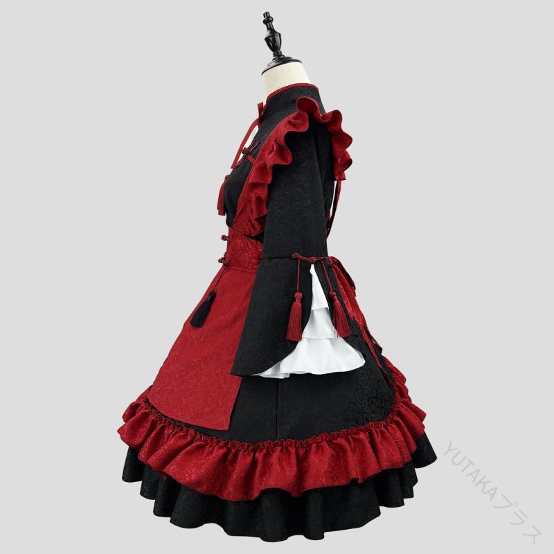 ワンピース レディース ロリータ ドレス メイド服 コスプレ かわいい 中華風 エンボス ジャカード 大きいサイズ ブラック レッド レトロ ポリエステル ひざ丈 イベント パーティー 衣装 おしゃれ 高品質 ファッション 可愛い ドレス コスチューム 仮装 パーティードレス