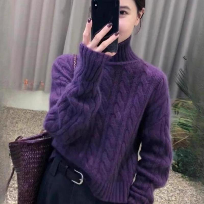 春 コーデ レディース ファッション 婦人服 厚手 防寒 タートルネック パープル セーター ニット トップス ハイウエスト ツイスト シンプル きれいめ ナチュラル 上品カジュアル オシャレ カワイイ スタイリッシュ 秋冬 使える 暖かい デザイン 快適 着心地 人気