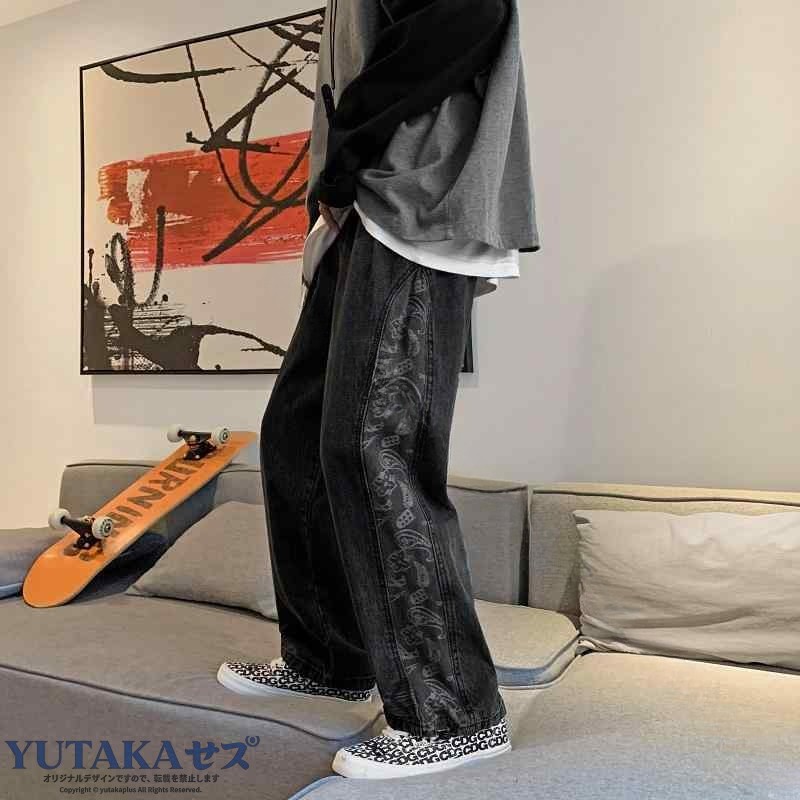 メンズ ファッション 春夏 秋冬 かっこいい オシャレ モテ 男性用 紳士服 服 韓国 シンプル 大人 カレッジ スタイル ダーク スタイル スプライシング カシュー フラワー ジーンズ ストレ|YUTAKAプラス