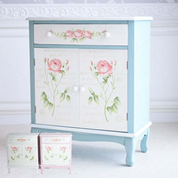 食器棚 キッチンボードgdr Wv 収納家具 ハンドペイント ホワイト ブルー 300円offクーポン配布中 キッチン収納 キッチン収納 姫系 ピンク ガーリー バリュー家具 キッチン収納 薔薇のキッチンキャビネット 姫系 ゆとり生活研究所