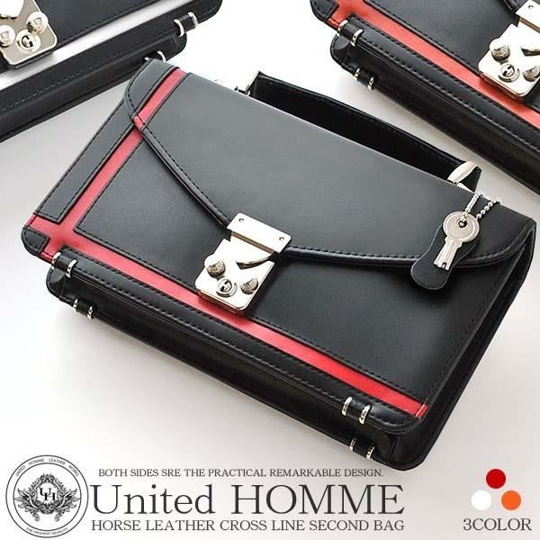 ＼本日P6倍!300円クーポン／バッグ メンズバッグ クラッチバッグ セカンドバッグ United HOMME 馬革×クロスライン鍵付きセカンドバッグ 財布要らずのメンズポーチ uh-2462 鍵付きポケット 財布 小物 収納 ブラック クロスライン 財布要らず メンズポーチ レッド ライン