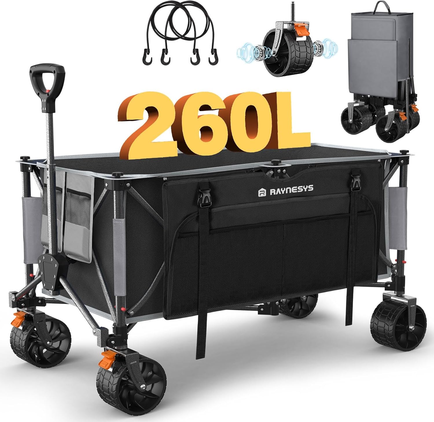 Raynesys キャリーワゴン 大容量260L 耐荷重200kg アウトドアワゴン 折り畳み式キャンプカート ワンタッチ収束式 自立収納 静音 ブレーキ付き 収納カバー付き キャンプ/砂浜/釣り/引越し/買い物/ゴミ出し