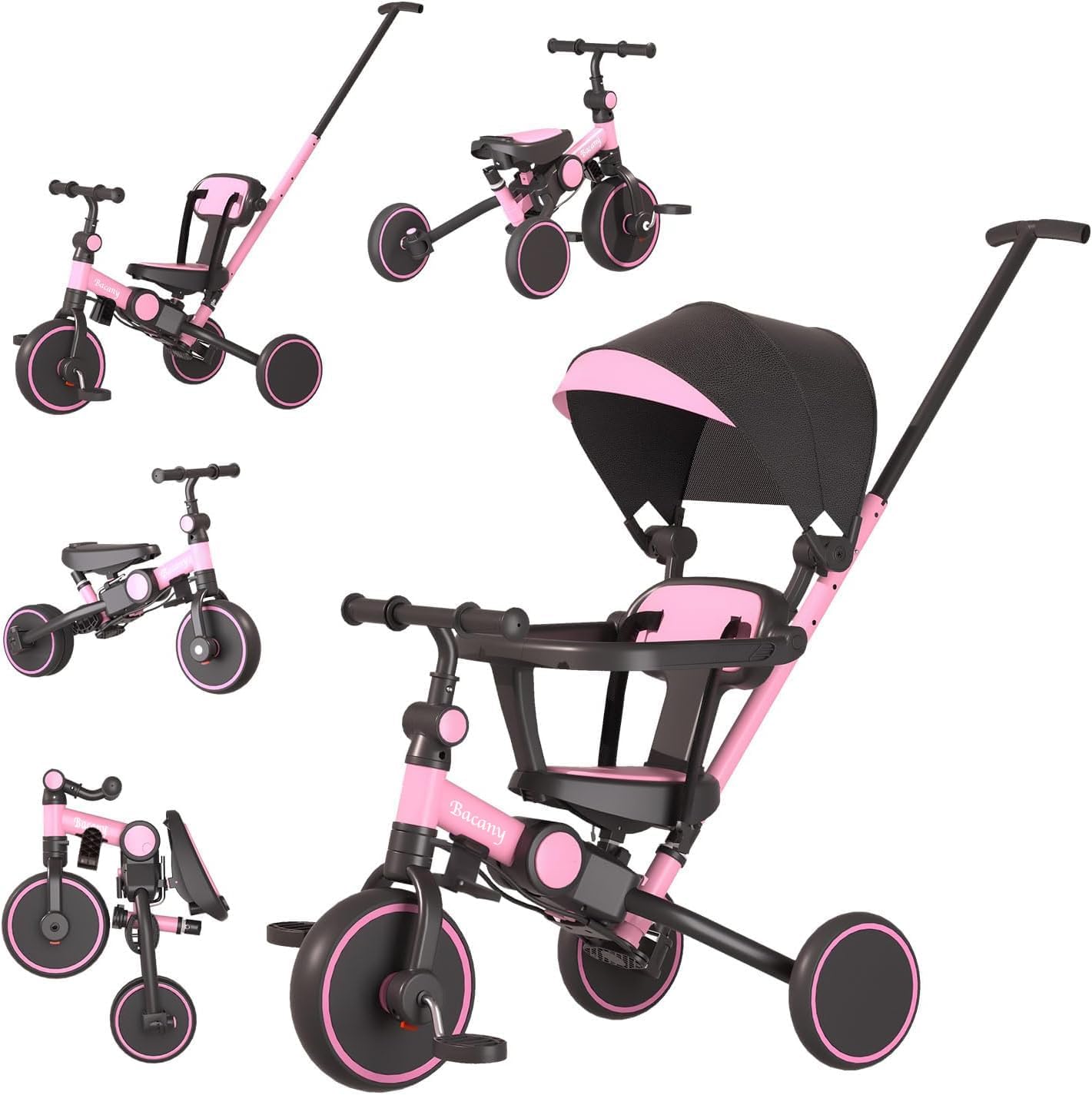 子供用三輪車 7in1 三輪車 ステップ付き 折りたたみ 手押し棒 おしゃれ 1歳-6歳 コンパクト 自転車 おもちゃ 乗用玩具 幼児用 キッズバイク プレゼント おもちゃ 調整可能 お祝い ギフト シートベルト付き (ピンク)