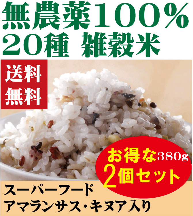 無農薬雑穀米・20穀380ｇお得な２個セット★送料無料（こねこ便）★無農薬100％★無化学肥料・遺伝子組み換えなし★無漂白・無着色・保存料使用なし