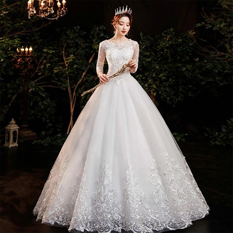 ウェディングドレス 袖あり 7分袖 ロングドレス 白 ホワイト 編み上げ 結婚式ドレス Aライン 花嫁ドレス 刺繍 優雅 エレガント プリンセ