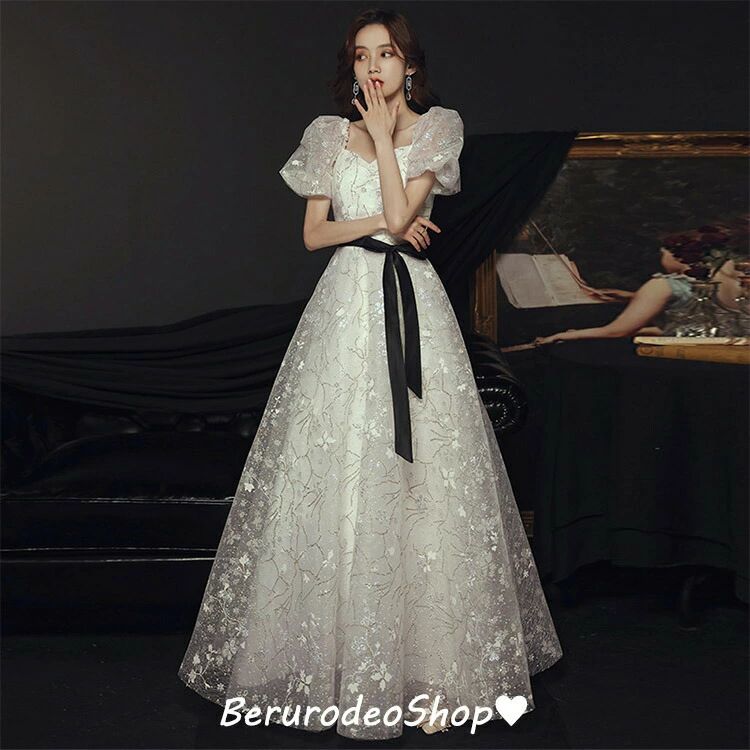 イブニングドレス ロングドレス パフスリーブ 花柄 オシャレ パーティードレス 白 エレガント 優雅 結婚式ドレス 二次会ドレス Vネック