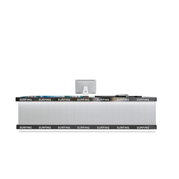 受付カウンター 受付台 レジ台 インダストリアルスタイル メラミン化粧板 ロゴ入れ可能 ステンレス鋼 LEDテープライト L字天板 I字天板 シルバー カスタマイズ可能 車上渡し