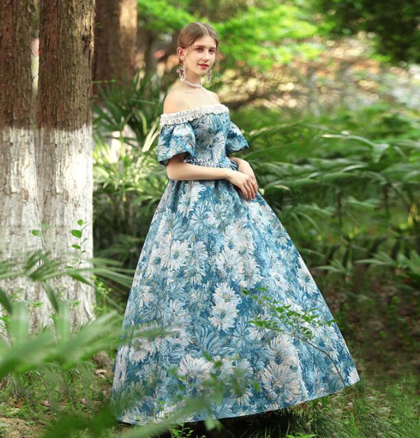 花柄 貴族ドレス お姫様ドレス 礼服 ステージ 舞台 華やか 演奏会 ジュリエット 舞踏会 ワンピース 中世貴族風 ドレス パーティードレス プリンセスライン 学園祭 宮廷 ロングドレス 司会 ヨーロッパ風 ハロウィン 演出服 演劇 オペラ声楽 撮影 文化祭 肩出し オフショルダー|ゆうのショップ