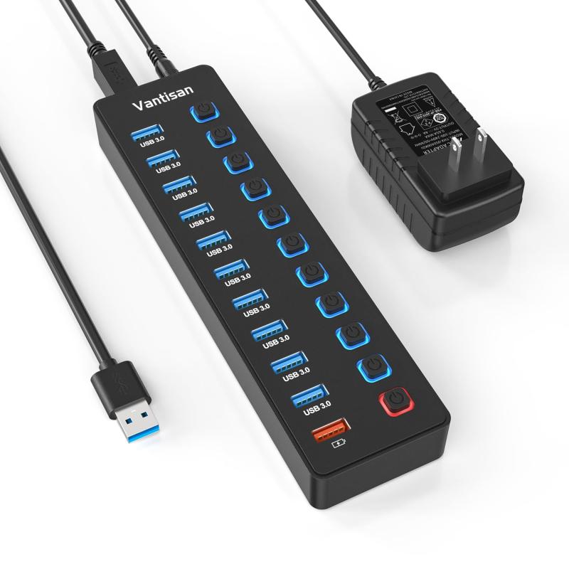 vantisan USBハブ 電源付き USB3.0ハブ 10ポートの 拡張+ 1充電ポート セルフパワー USB Hub 5Gbps高速データ伝送 USB3.0 拡張 独立スイッチ付き 5V/4A ACアダプタ付き Android/Windows/Ma