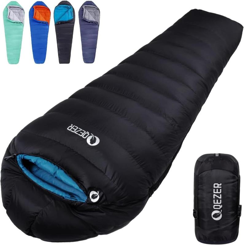 QEZER シュラフ 冬用 ダウン 寝袋 マミー型 羽毛寝袋 500g～1500gダウン充填 コンパクト 600FP高級ダウン 400T撥水加工 2人用に連結可能 アウトドア キャンプ 登山 車中泊 防災用