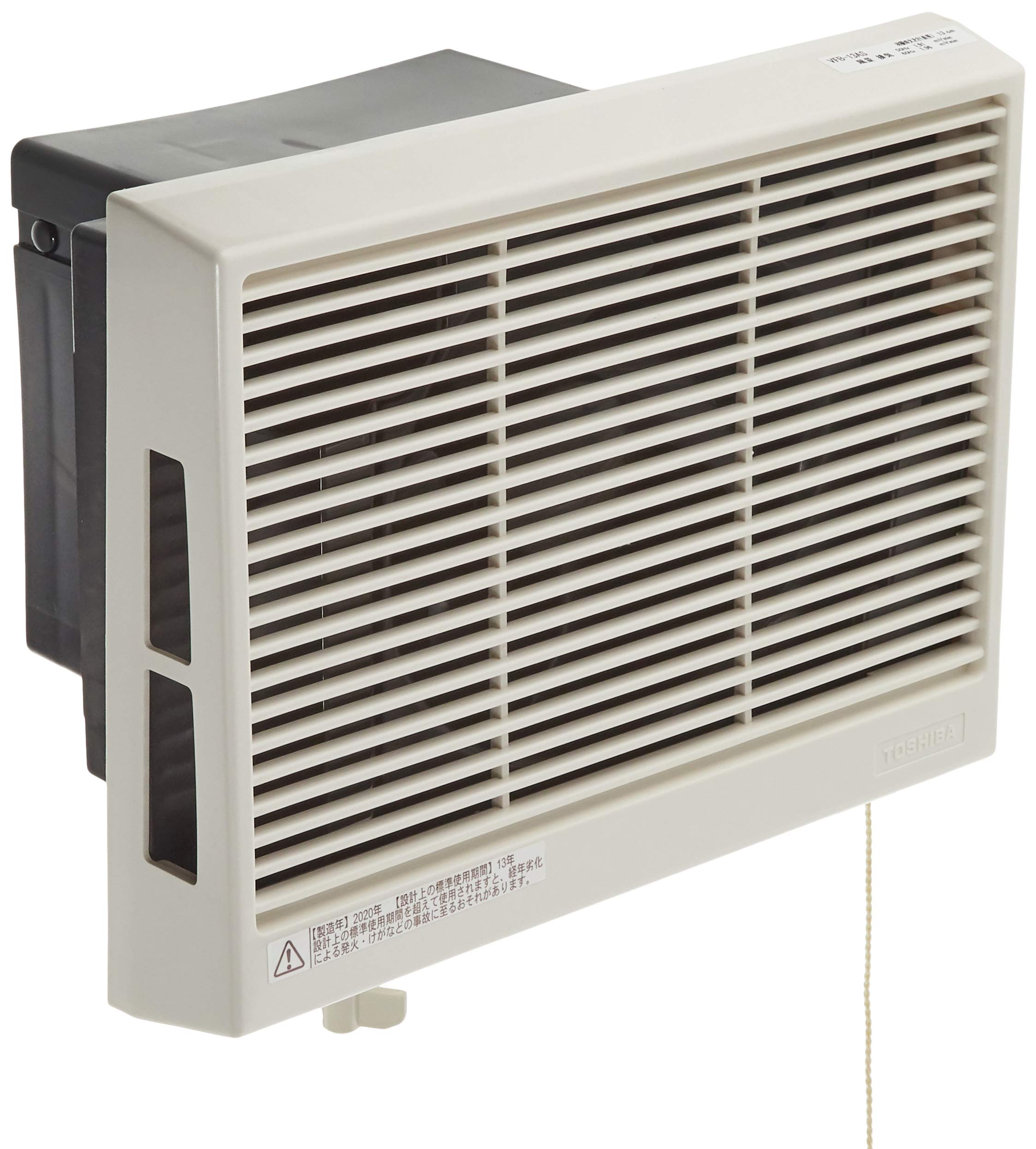 風呂場用換気ファン 機翼径13糎 埋込大きさ155×205粍 見て呉れ大きさかざり付ける枠縦215×横267 本体奥ふかさ178粍 質量1.2kg プルスイッチ式