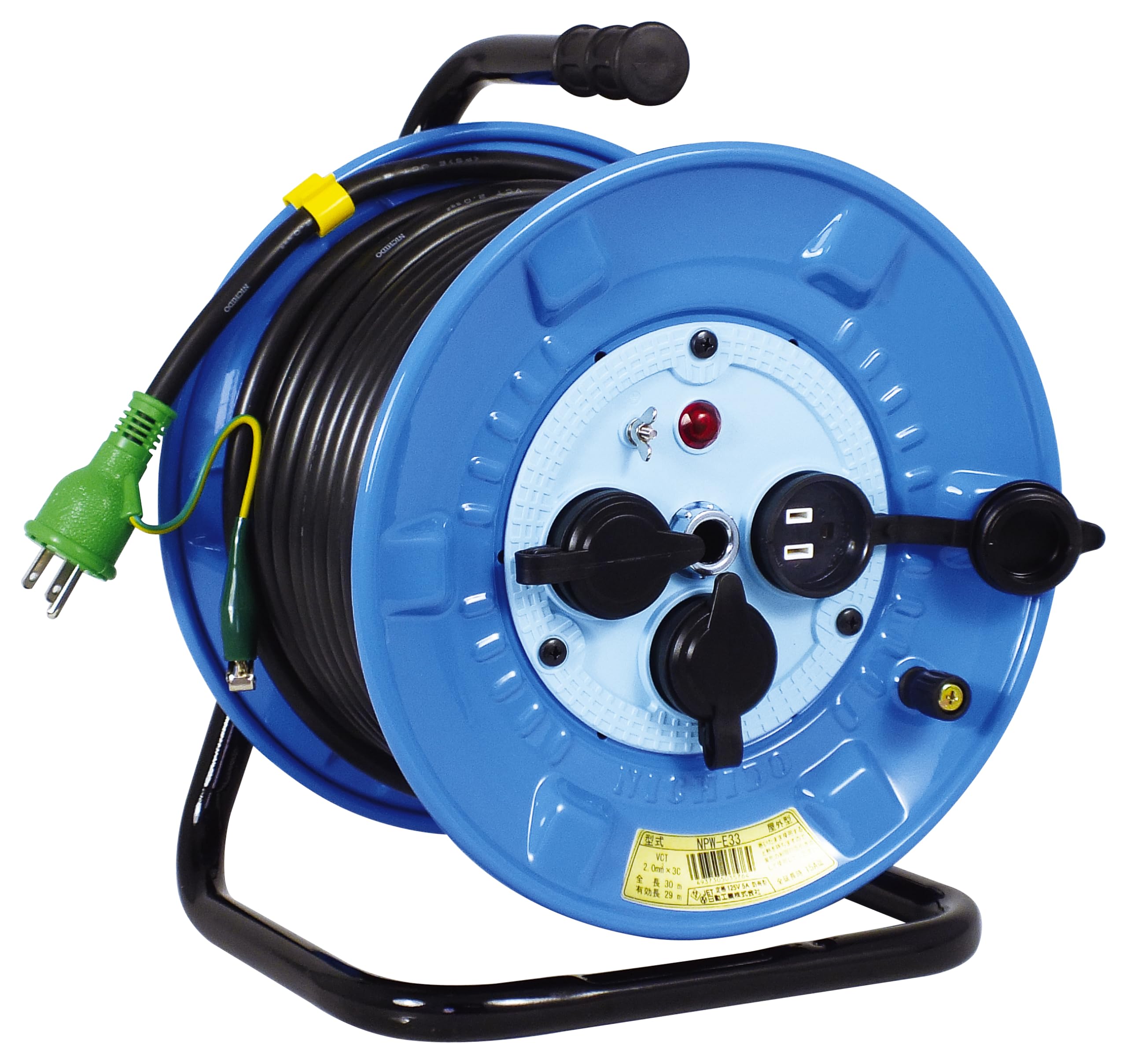 電気工膜鳴楽器 屋内露天兼用型 30m 地びた付 防雨防塵型 125V 5A 15A VCT2.0粍2 3心 ポッキンプラグ 舞い降りる2P15A125V防雨旗がしら付 差し込み3個 飛行士照明ランプ付