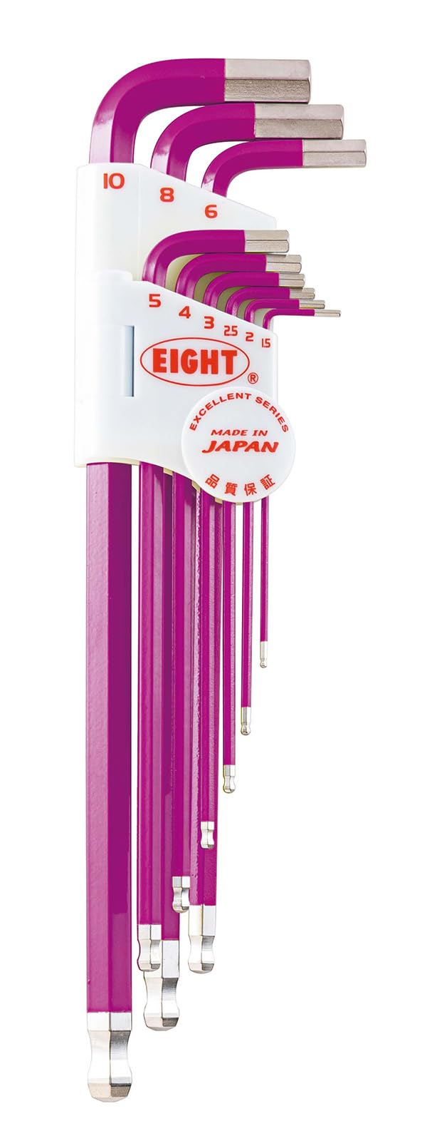 六角棒鍵 書き割り 9本組 テーパーヘッド 槍持ちロング 風変わりアロイ鋼 ハードクロームメッキ 色つや焼付ペンキ塗り ブリスターパック入り口・入口