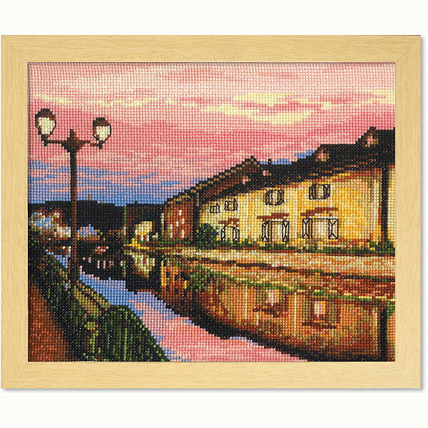 砂漠の夕焼け　サボテンと稲妻　クロスステッチ完成品 砂漠の夕焼けサボテンと稲妻クロスステッチ完成品