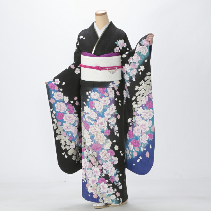 【レンタル】【成人式期間外】振袖 フルセット Mサイズ 花柄 黒系 状態:A 成人式 結婚式 卒業式 結納 リユース レンタル着物 (5泊6日：1月21日 - 12月19日) 66607 27,950円